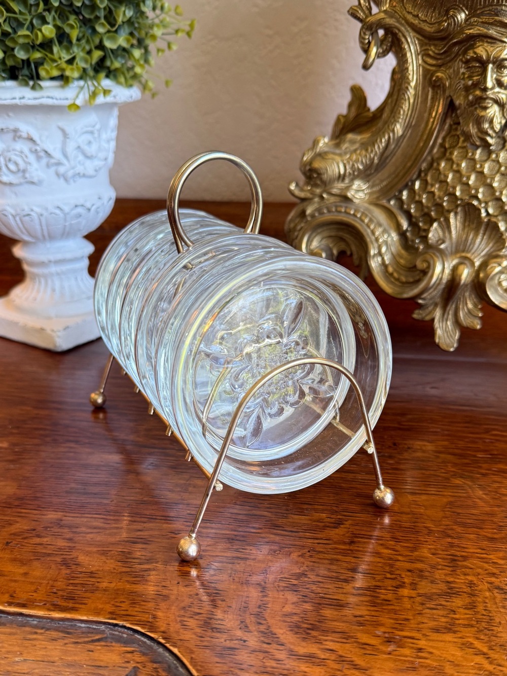 MCM Clear Crystal Coaster Set with Fleur Di Lis Design and Brass Holder